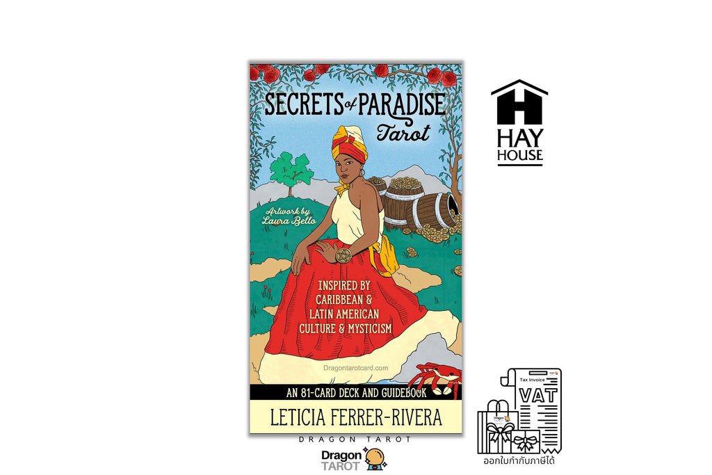 The front cover of the 'Secrets of Paradise Tarot' deck by Leticia Ferrer-Rivera, displayed on a white background alongside the Hay House publisher logo and a Dragon Fantasy logo.