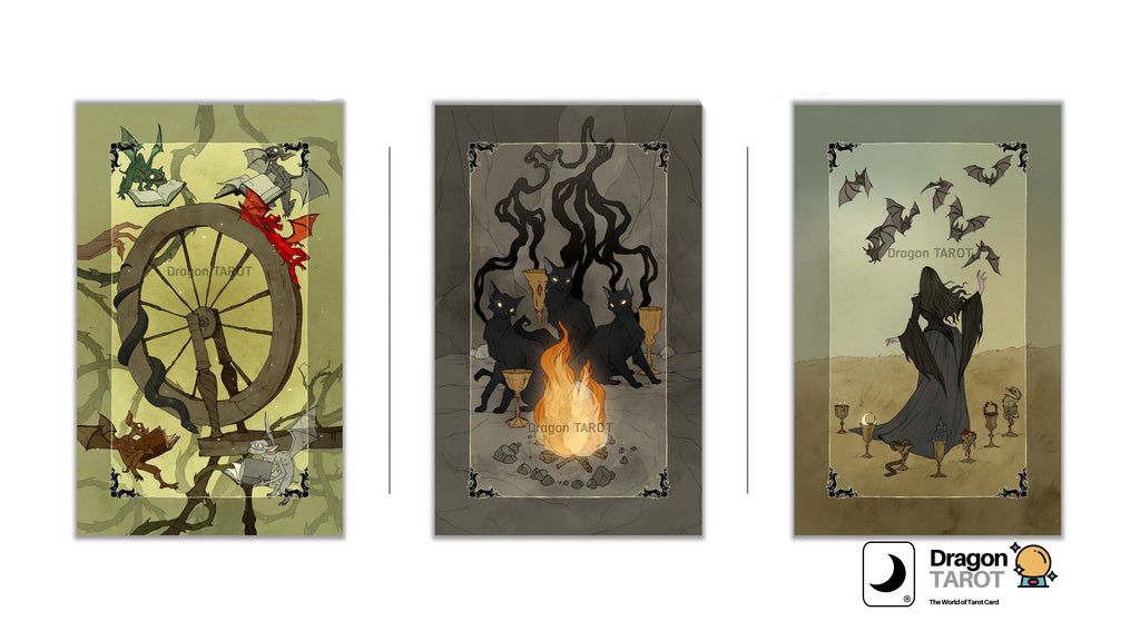 Three Dragon Tarot card illustrations displayed side by side on a white background, with Dragon Tarot branding and Thai text at the top and bottom.