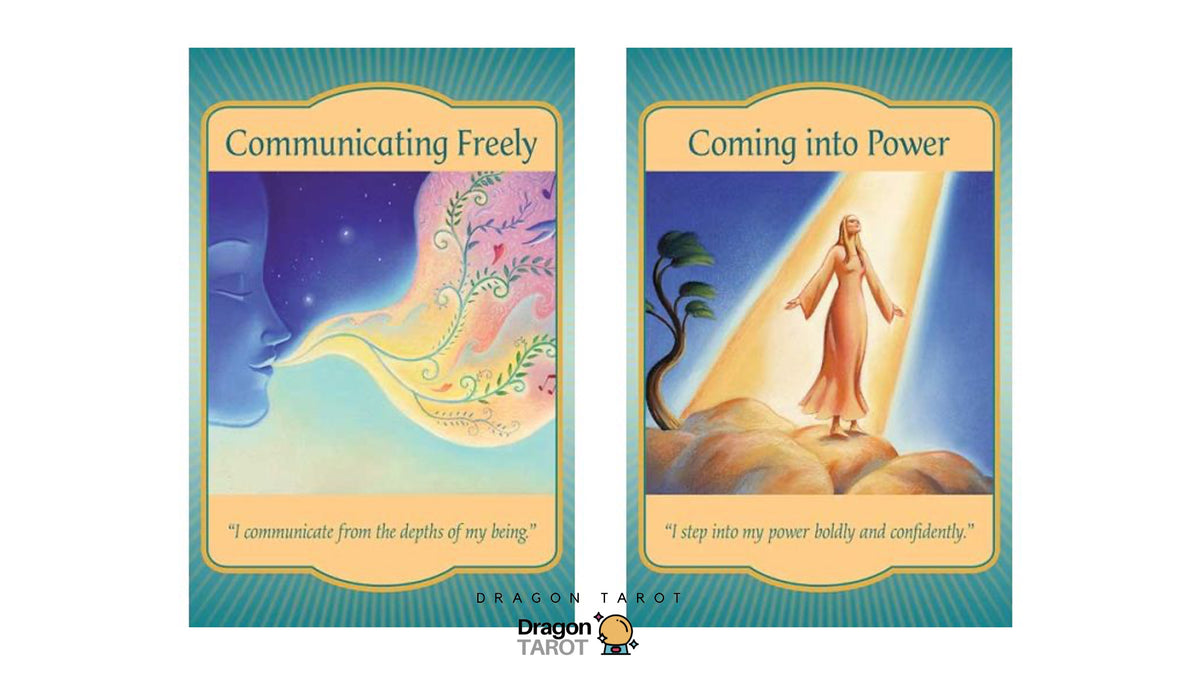 Two Dragon Tarot cards displayed side by side on a white background. The left card is titled 'Communicating Freely' with an illustration of a profile face and flowing light.