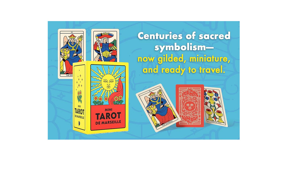 Mini Tarot de Marseille deck packaging and several illustrated tarot cards arranged on a bright blue background with promotional text reading 'Centuries of sacred symbolism—now gilded, miniature, and ready to travel.'.