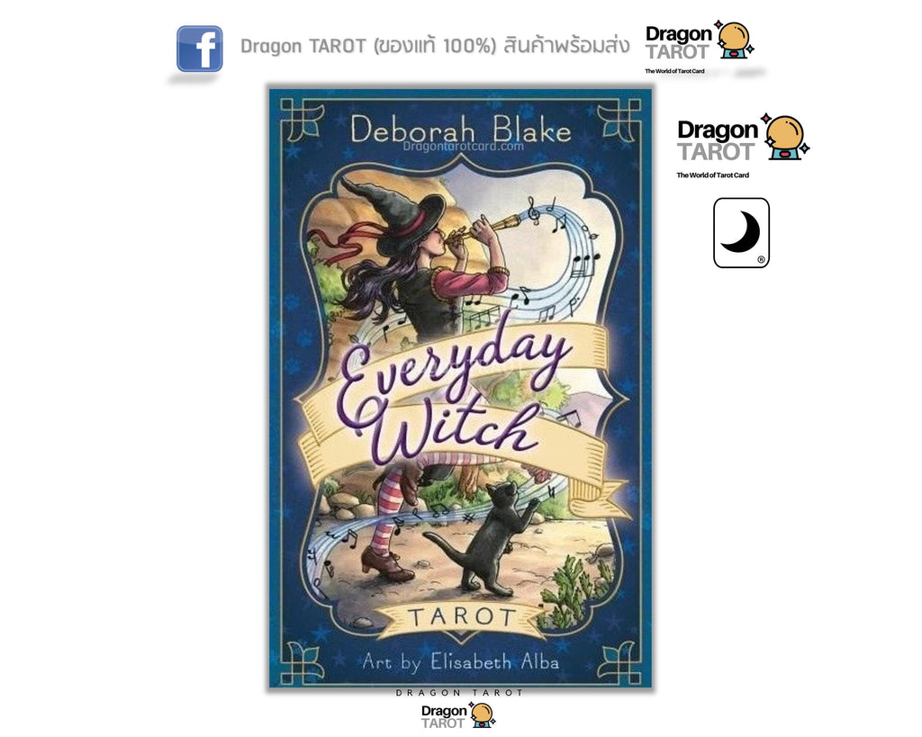Dragon Tarot card deck box art for 'Everyday Witch' by Deborah Blake, featuring a dark blue border and whimsical witch illustrations, shown on a white background with social media and brand logos.