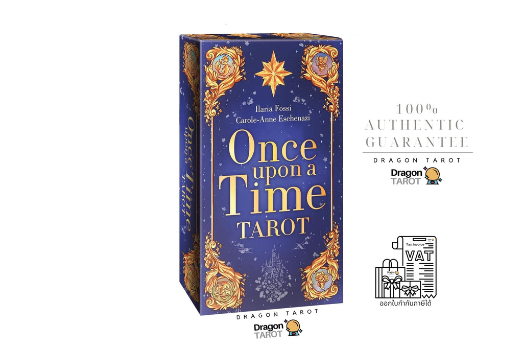 Dragon Tarot 'Once Upon a Time Tarot' deck box shown on a white background with promotional text and social media icons. The box is deep blue with ornate gold illustrations and large gold title text.