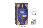 Dragon Tarot 'Once Upon a Time Tarot' deck box shown on a white background with promotional text and social media icons. The box is deep blue with ornate gold illustrations and large gold title text.