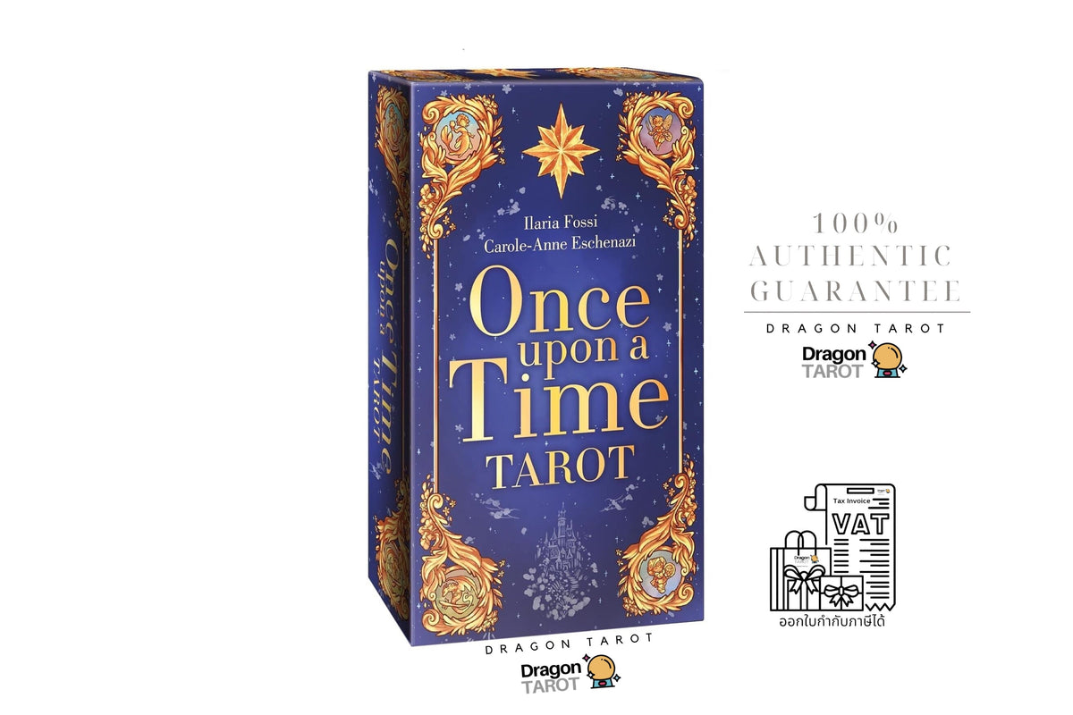 Dragon Tarot 'Once Upon a Time Tarot' deck box shown on a white background with promotional text and social media icons. The box is deep blue with ornate gold illustrations and large gold title text.