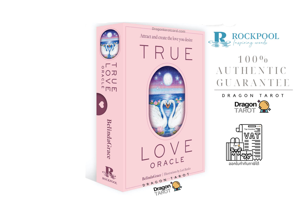 Pink Dragon Tarot True Love Oracle card deck box shown on a white background with promotional text and logos for Dragon Tarot and Rockpool.