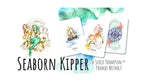 Illustrated product cover for 'Seaborn Kipper' by Siolo Thompson and Thomas Witholt, featuring watercolor-style artwork of mermaids, a sailing ship, a woman, and a compass rose on white cards against a white background.