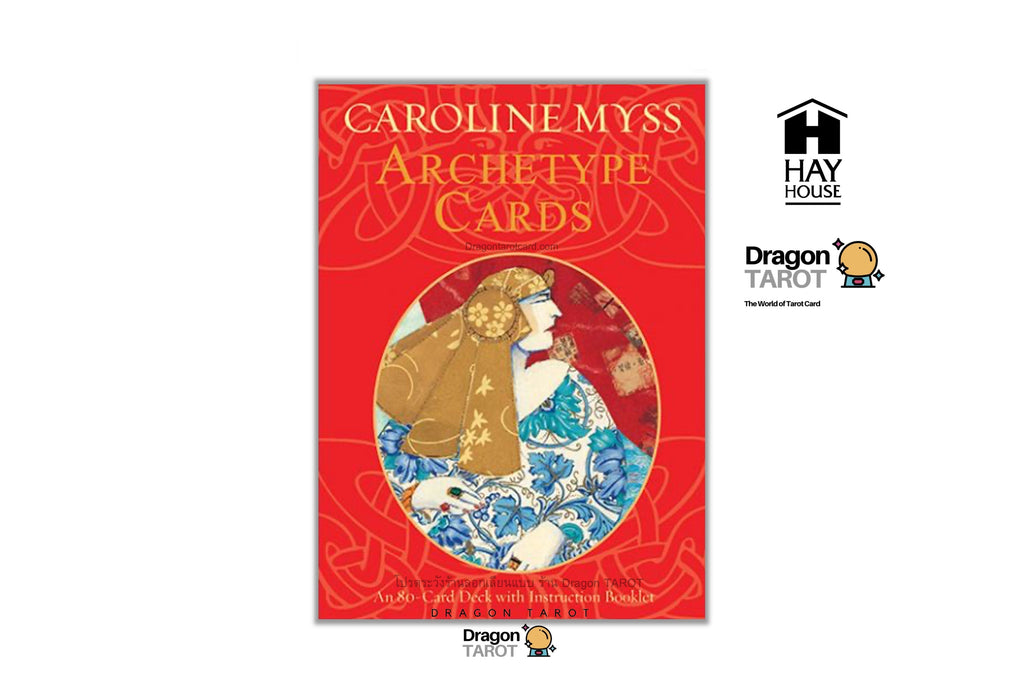 Dragon Tarot 'Archetype Cards' deck box by Caroline Myss, featuring a red cover with gold lettering and an Art Nouveau style illustration of a woman in a gold dress. The image is set against a white background with several brand and social media logos on the right and top.