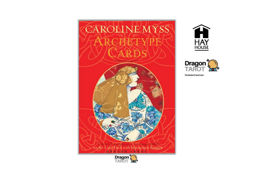 Dragon Tarot 'Archetype Cards' deck box by Caroline Myss, featuring a red cover with gold lettering and an Art Nouveau style illustration of a woman in a gold dress. The image is set against a white background with several brand and social media logos on the right and top.