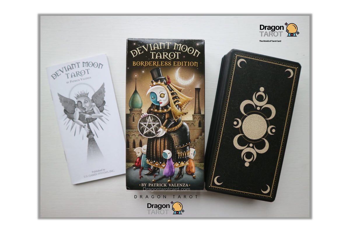 Deviant Moon Tarot: Borderless Edition deck box, an illustrated tarot card sheet, and a black tarot card box with gold crescent moon details, arranged on a light gray background. Dragon Tarot branding is visible.