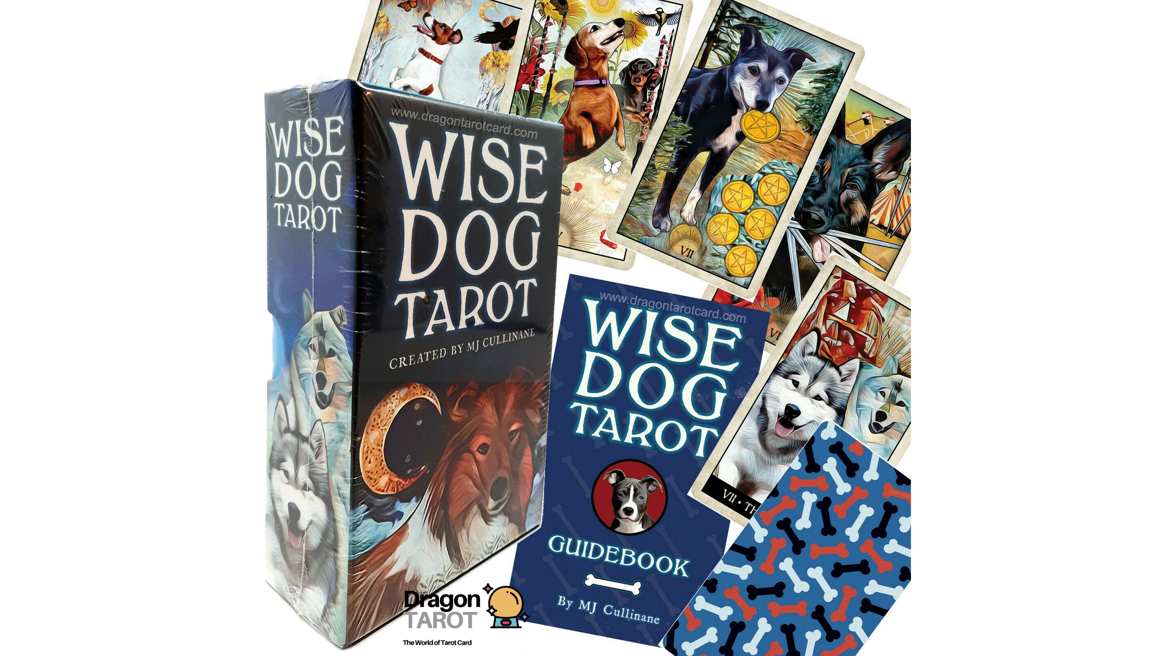 Wise Dog Tarot deck with its box, guidebook, and several illustrated cards fanned out behind it on a plain white background.