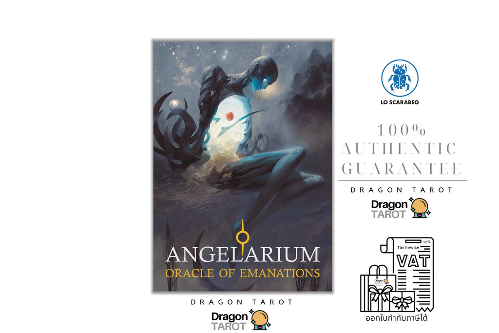 Dragon Tarot Angelarium Oracle of Emanations tarot card deck packaging cover shown on a white background with brand logos, social media icons, and authenticity guarantees.