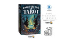 Dragon Tarot 'Under the Oak' tarot card deck box shown on a white background with promotional text, social media icons, and a VAT certificate graphic.