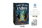Dragon Tarot 'Under the Oak' tarot card deck box shown on a white background with promotional text, social media icons, and a VAT certificate graphic.