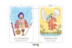 Two tarot cards shown side by side on a white background: The Magician on the left with a blue background and illustrated figure in red and gold, and Temperance on the right with a yellow background and illustrated figure in red and gold. Dragon Tarot logo appears below.