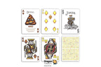 Six sample cards from a Dragon Tarot deck arranged on a white background, including Ace Bicycle, 7 of Diamonds, Joker, King, Queen, and a card showing many small emoji-like symbols. The Dragon Tarot logo and a Facebook icon appear at the top.