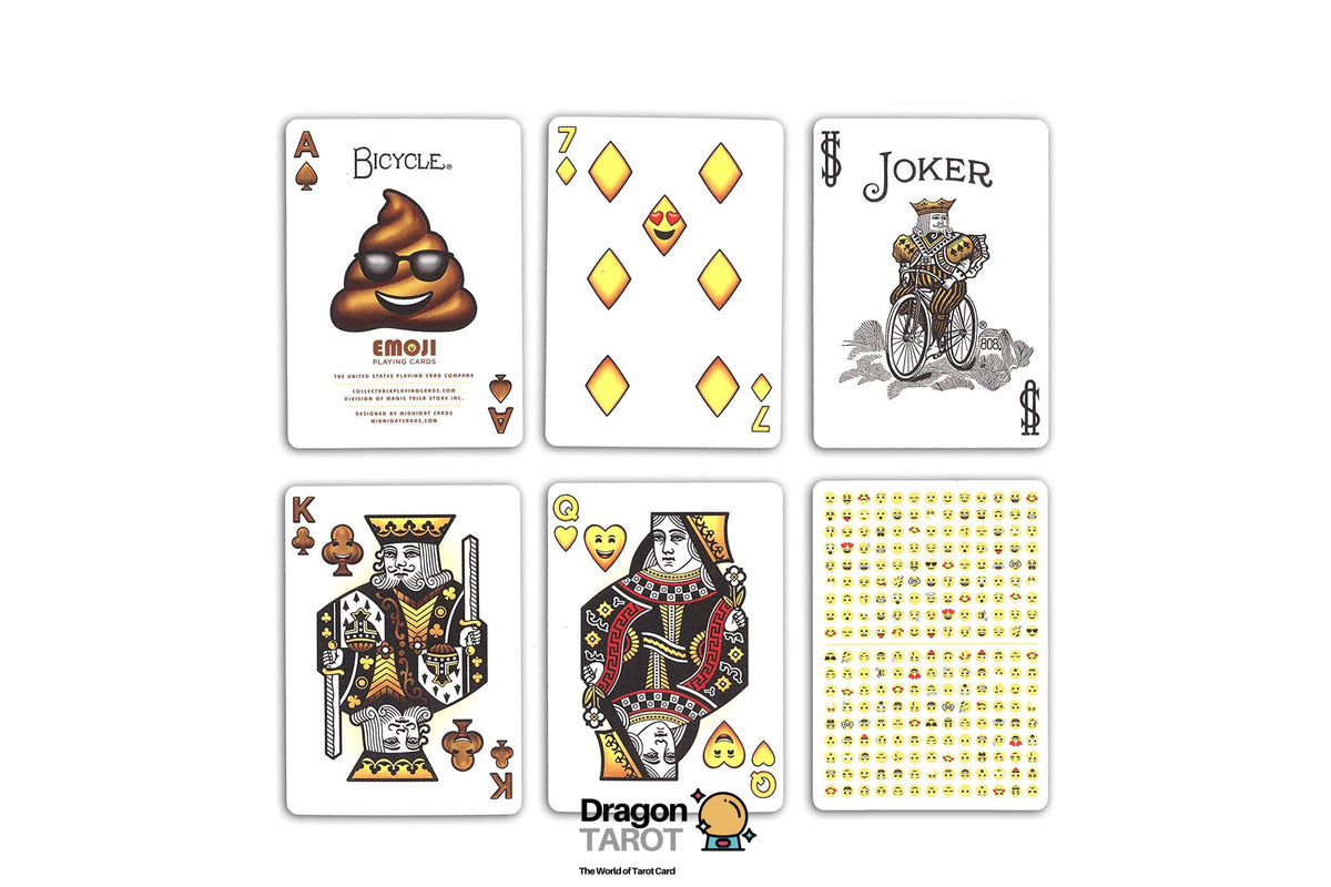 Six sample cards from a Dragon Tarot deck arranged on a white background, including Ace Bicycle, 7 of Diamonds, Joker, King, Queen, and a card showing many small emoji-like symbols. The Dragon Tarot logo and a Facebook icon appear at the top.