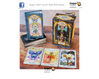 Dragon Tarot deck displayed with its illustrated box, a standing card in a blue sleeve, and three sample cards laid out on a wooden surface. The cards feature colorful fantasy and nature illustrations, and the Dragon Tarot branding is visible on the packaging and in the image layout.