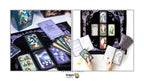Dragon Tarot card deck set displayed in a split layout, showing the illustrated box, multiple tarot cards laid out on a black cloth, an instruction booklet, and hands holding cards and an open book. The Dragon Tarot logo appears at the top and bottom.