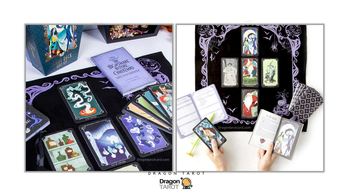 Dragon Tarot card deck set displayed in a split layout, showing the illustrated box, multiple tarot cards laid out on a black cloth, an instruction booklet, and hands holding cards and an open book. The Dragon Tarot logo appears at the top and bottom.