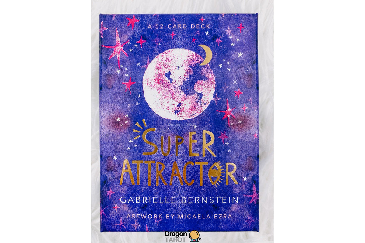Super Attractor card deck box by Gabrielle Bernstein, featuring a purple and blue watercolor starry sky design with a large moon illustration and gold title text.