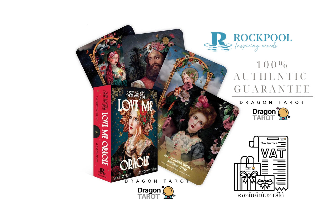 Dragon Tarot Oracle card deck and box shown on a white background with promotional text, including '100% Authentic Guarantee', 'Dragon Tarot', and 'Rockpool Inspiring words'. The cards feature ornate illustrated portraits with red, blue, gold, and black tones.