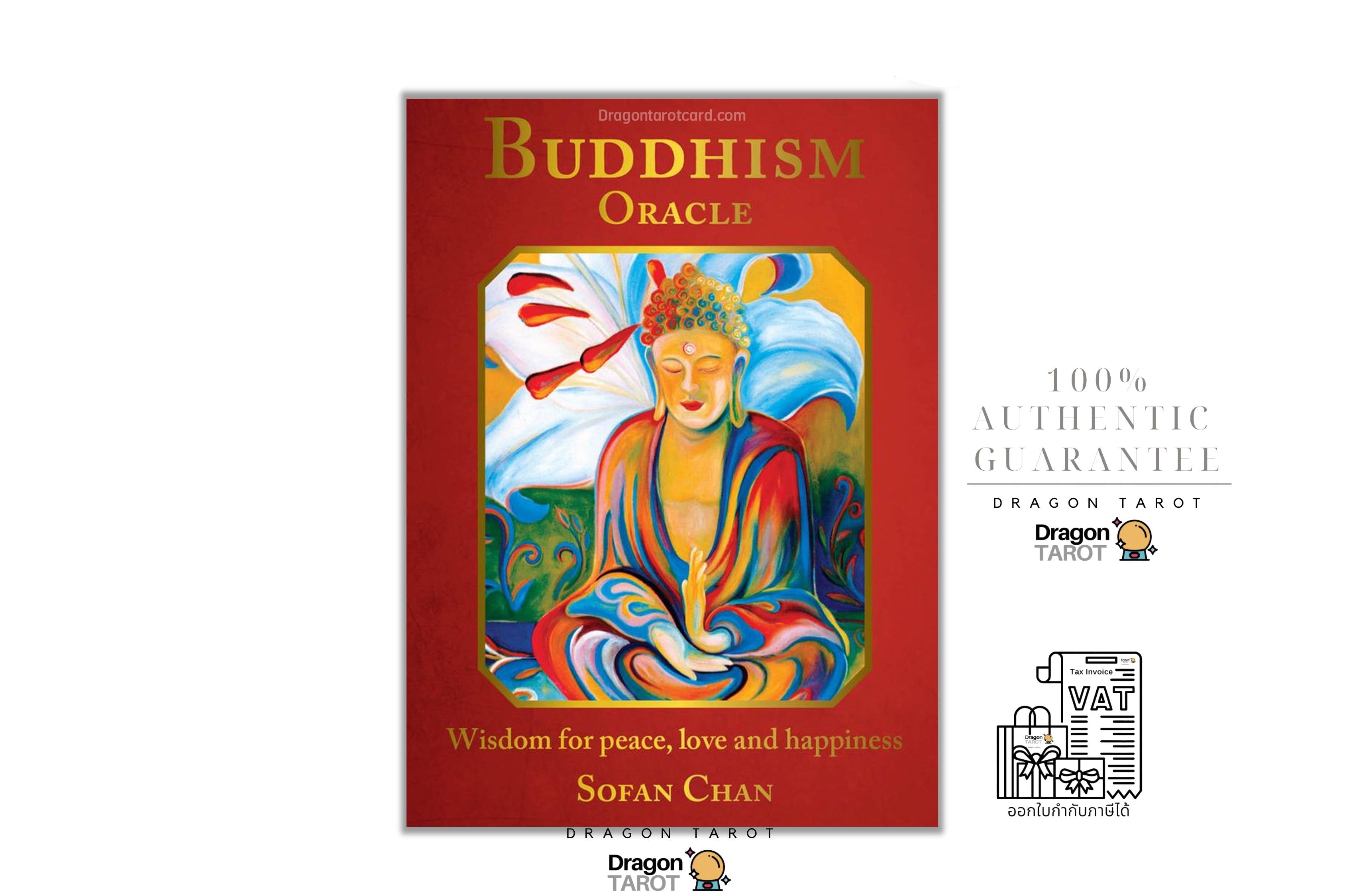 Dragon Tarot Buddhism Oracle book cover centered on a white background, with additional Dragon Tarot branding and guarantee text around it.