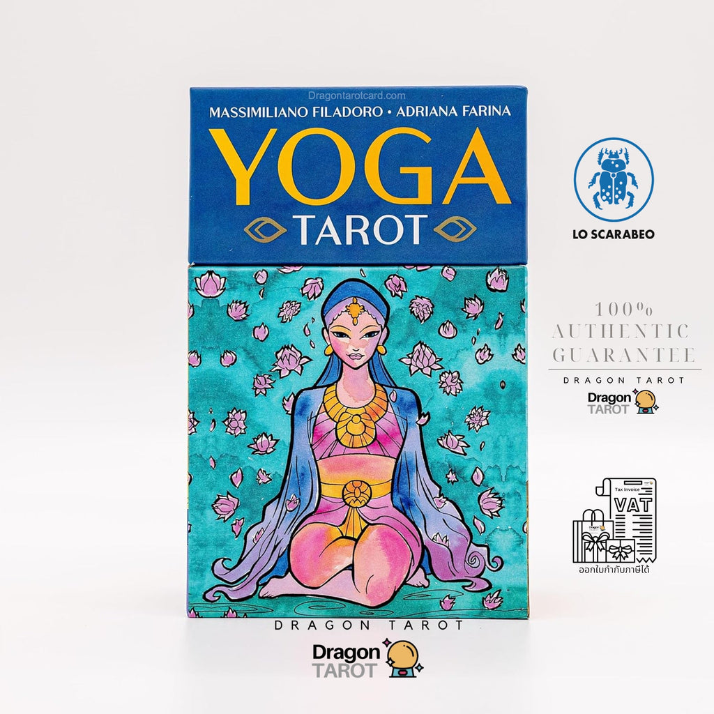 Yoga Tarot card deck box featuring a colorful illustration of a meditating woman on a teal background, with a blue header reading 'YOGA TAROT' in yellow. The box is shown upright on a white background with Italian quality and authenticity badges and Dragon Tarot branding.