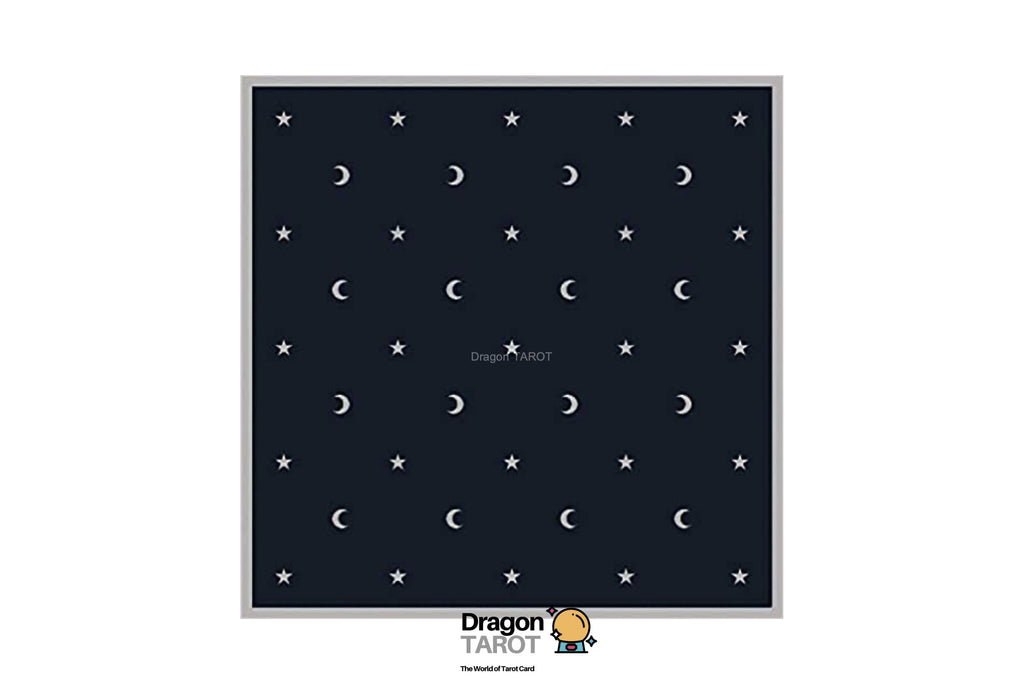 A square tarot card featuring a dark navy blue background with a repeating pattern of white crescent moons and stars, framed by a thin gray border. The 'Dragon Tarot' logo is visible at the bottom.