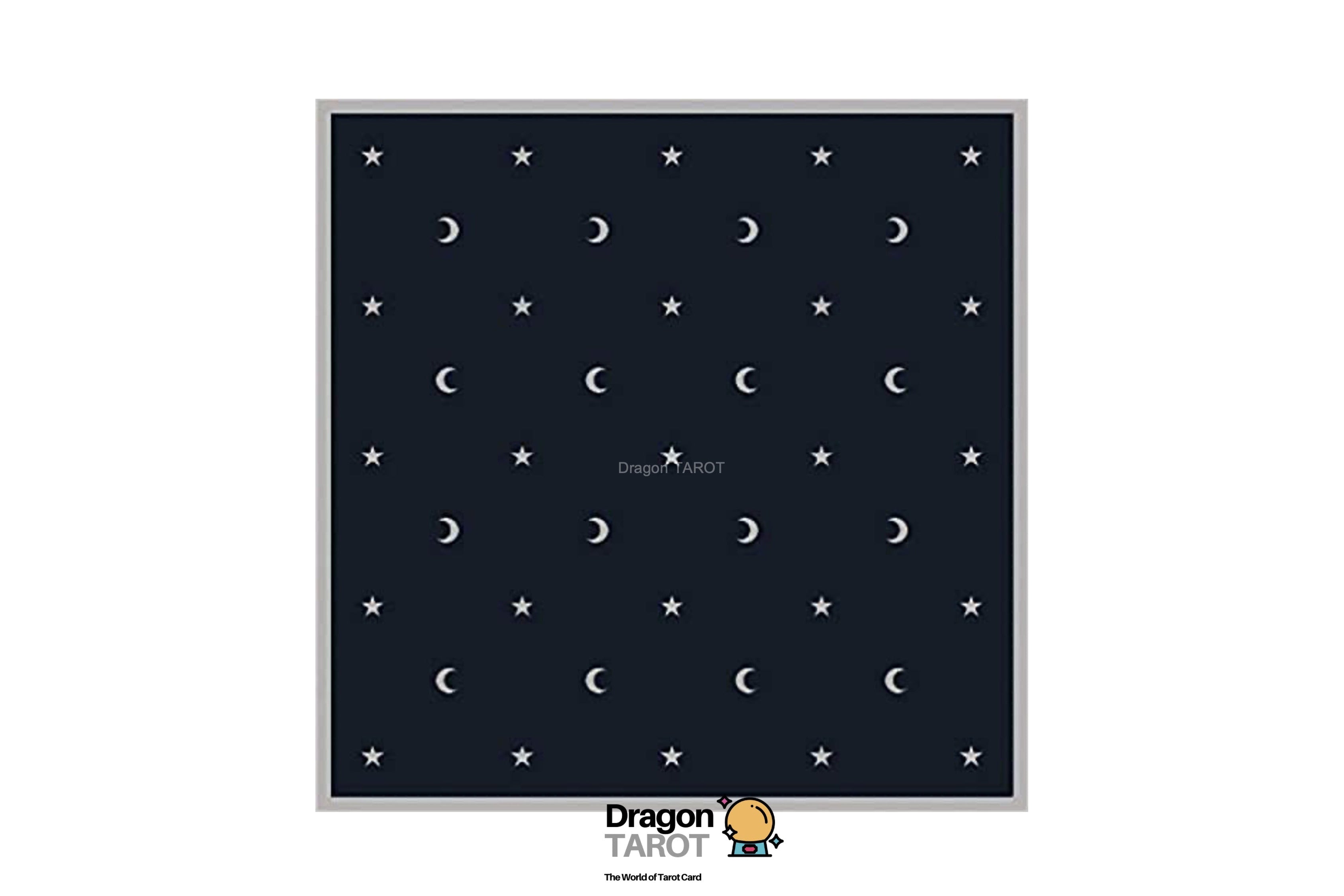 A square tarot card featuring a dark navy blue background with a repeating pattern of white crescent moons and stars, framed by a thin gray border. The 'Dragon Tarot' logo is visible at the bottom.