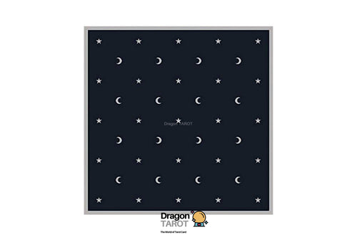 A square tarot card featuring a dark navy blue background with a repeating pattern of white crescent moons and stars, framed by a thin gray border. The 'Dragon Tarot' logo is visible at the bottom.