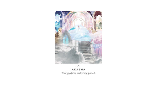 A centered square art print or card on a white background, showing a pastel fantasy scene with a glowing staircase, arches, and water. Below the artwork, the text reads 'AKASHA' and 'Your guidance is divinely guided.