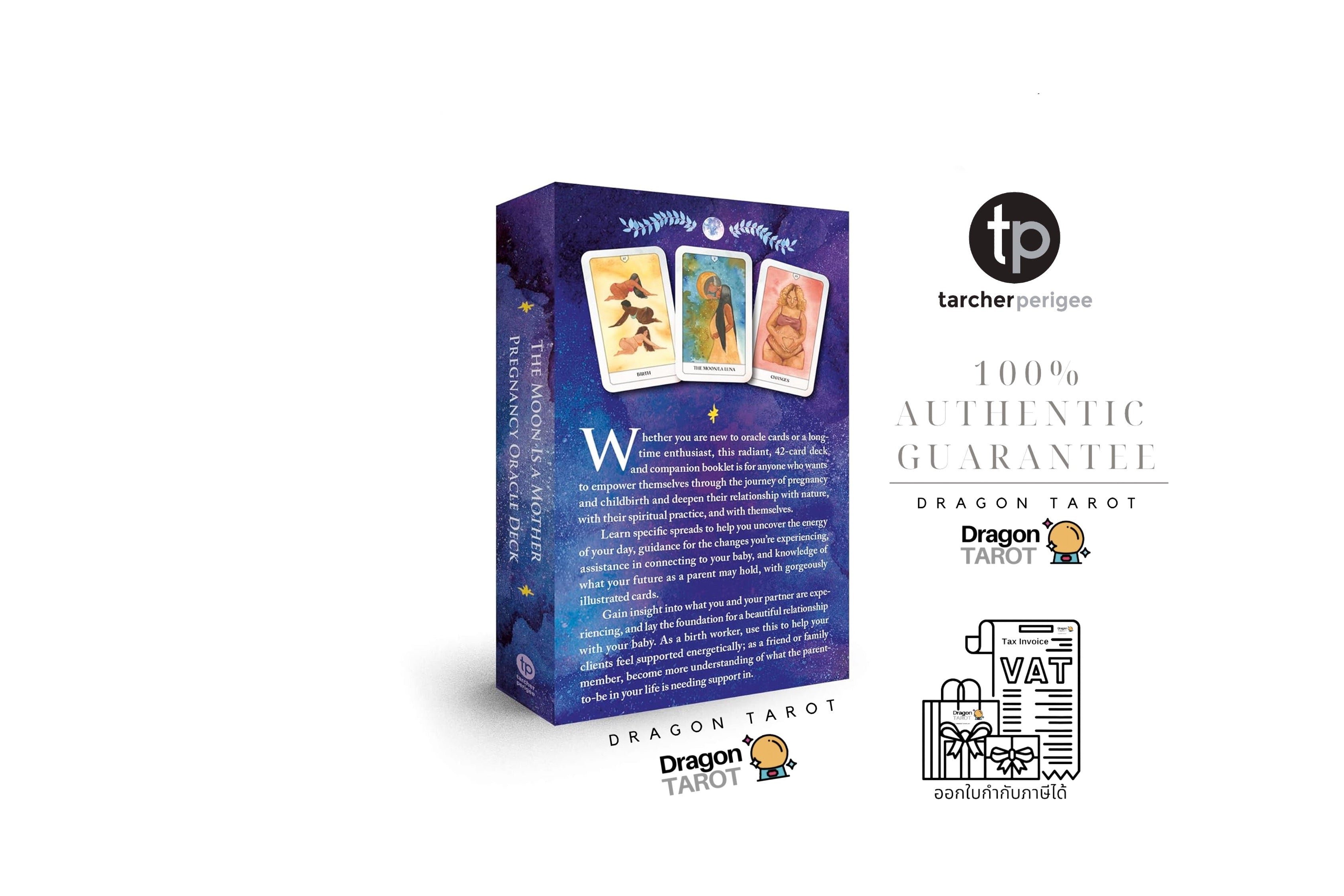 Dragon Tarot deck box shown on a white background with promotional text and logos, including '100% Authentic Guarantee' and multiple Dragon Tarot and tarcher perigee marks.