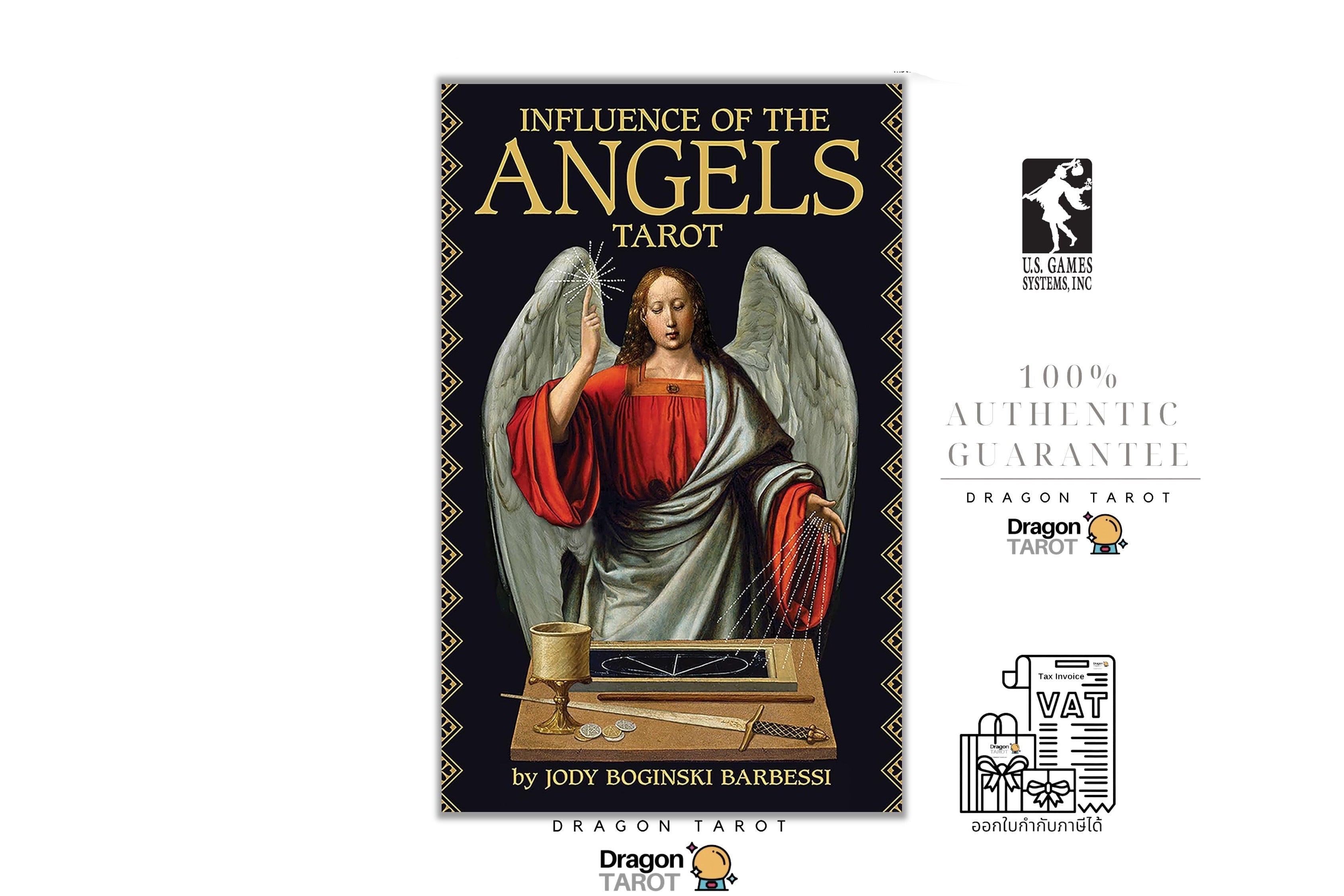 Dragon Tarot card deck box cover titled 'Influence of the Angels Tarot' by Joby Boginski Barresi, shown on a white background with brand logos and a 100% authentic guarantee badge.