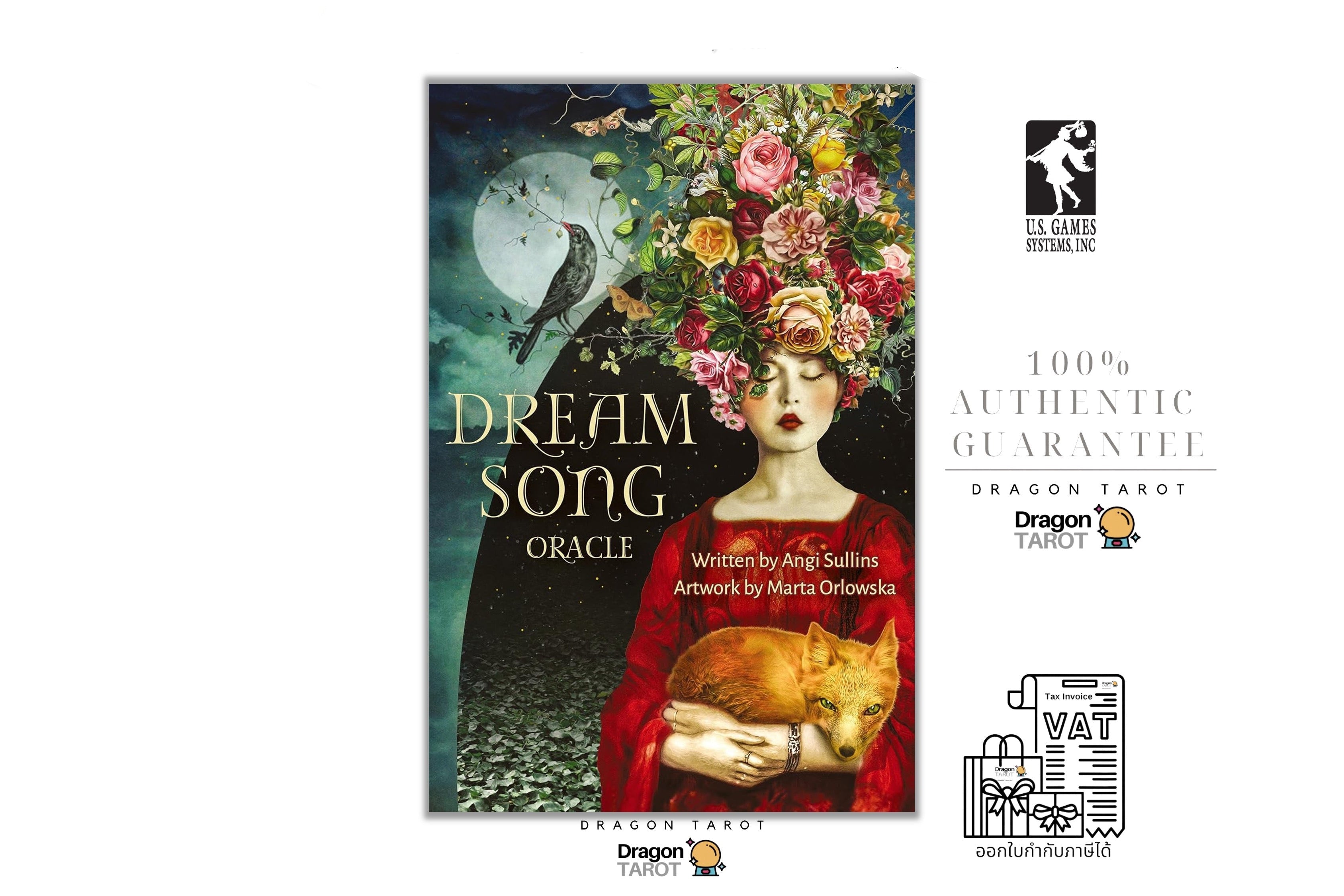 Dragon Tarot Oracle 'Dream Song Oracle' card deck packaging shown on a white background with brand logos and promotional text. The box art features a woman with flowers in her hair, a full moon, and a red cloak, with a cat at her side.