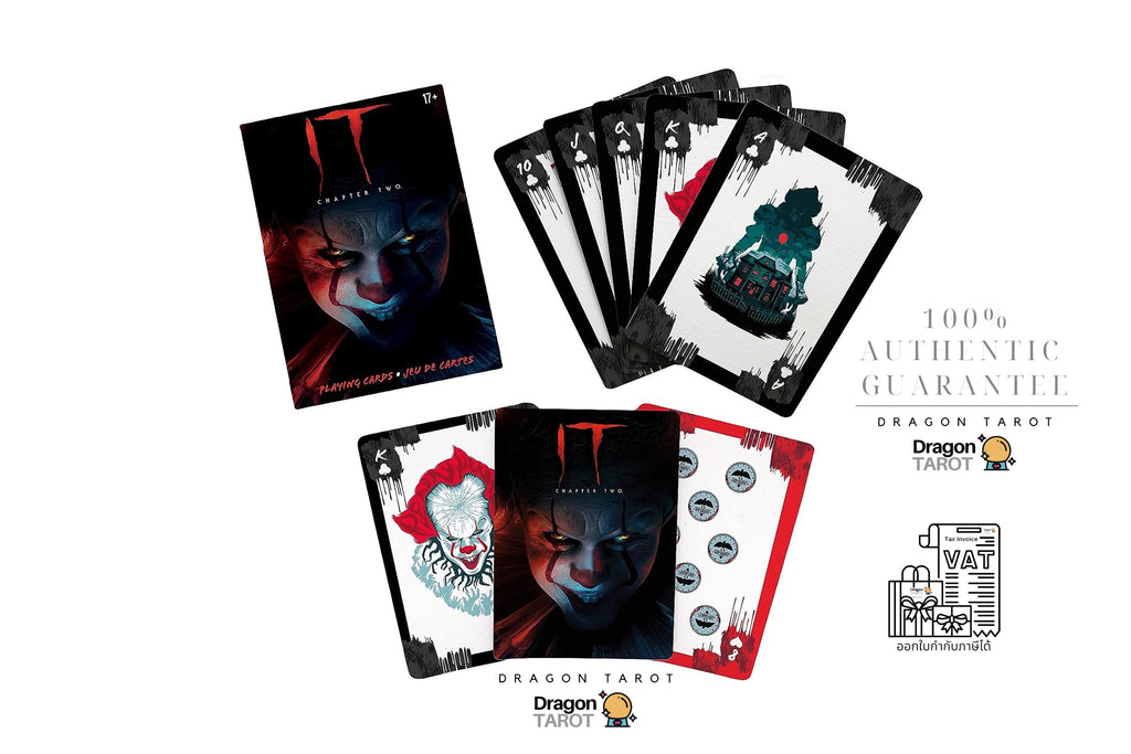 A set of horror-themed tarot cards from Dragon Tarot, featuring illustrations of Pennywise the Clown from IT, displayed as a fanned deck and individual cards on a white background with promotional text and logos.