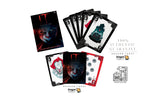 A set of horror-themed tarot cards from Dragon Tarot, featuring illustrations of Pennywise the Clown from IT, displayed as a fanned deck and individual cards on a white background with promotional text and logos.