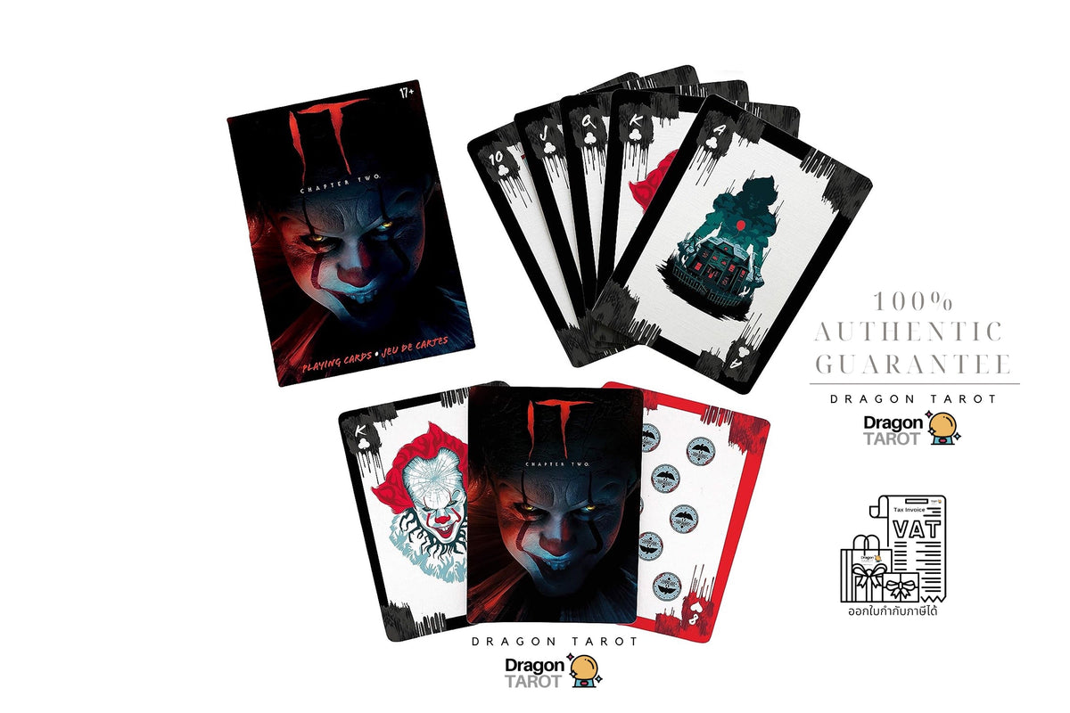 A set of horror-themed tarot cards from Dragon Tarot, featuring illustrations of Pennywise the Clown from IT, displayed as a fanned deck and individual cards on a white background with promotional text and logos.