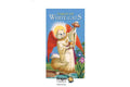 Tarot of White Cats card deck packaging featuring an illustration of a white cat dressed as an angel with red wings, holding a sword and cup, set against a light gray background with brand logos and social media icons.