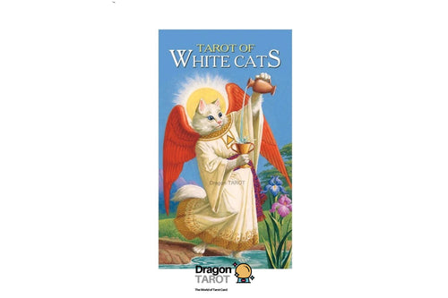 Tarot of White Cats card deck packaging featuring an illustration of a white cat dressed as an angel with red wings, holding a sword and cup, set against a light gray background with brand logos and social media icons.