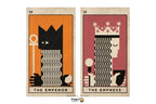 A pair of tarot card art prints featuring stylized, minimalist illustrations of 'The Emperor' and 'The Empress' cards. The left card, 'The Emperor', has an orange background with a black crowned figure and beige border.