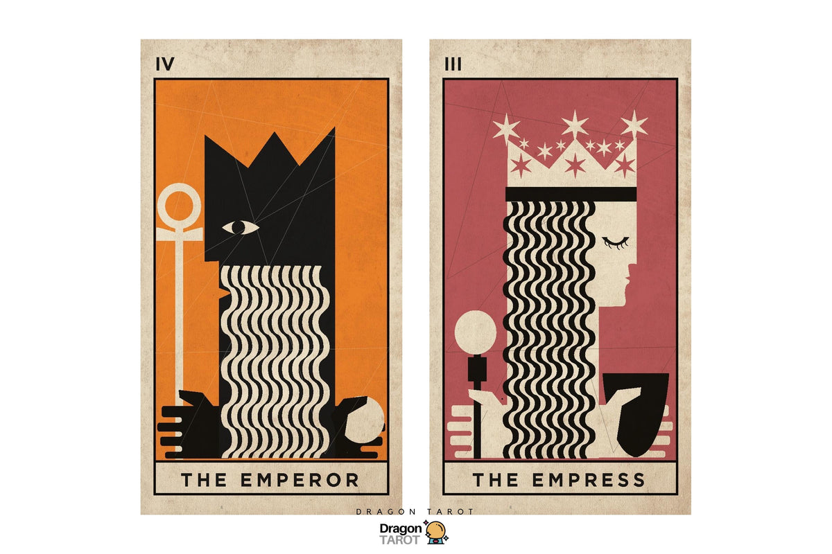 A pair of tarot card art prints featuring stylized, minimalist illustrations of 'The Emperor' and 'The Empress' cards. The left card, 'The Emperor', has an orange background with a black crowned figure and beige border.