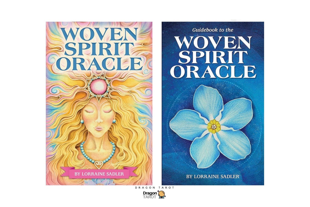Two book covers for the Dragon Tarot 'Woven Spirit Oracle' set, shown side by side on a white background. The left cover features a colorful illustration of a woman with long blonde hair and a pink gem, and the right cover shows a large light blue flower on a dark blue background.