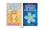 Two book covers for the Dragon Tarot 'Woven Spirit Oracle' set, shown side by side on a white background. The left cover features a colorful illustration of a woman with long blonde hair and a pink gem, and the right cover shows a large light blue flower on a dark blue background.