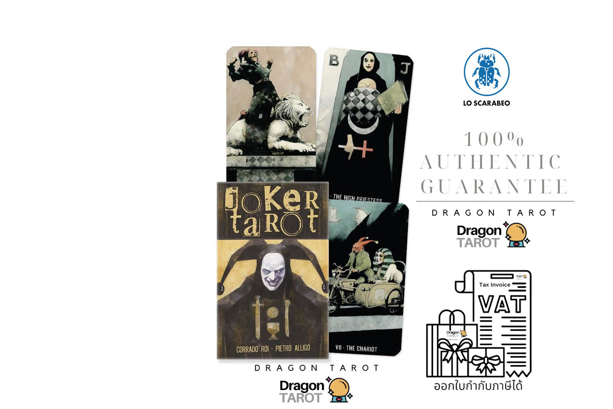 A promotional graphic for Dragon Tarot cards showing four card backs arranged on a white background with several brand and guarantee logos. The cards feature dark illustrated artwork with black, gray, beige, and muted gold tones.