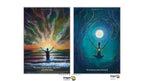 Two Dragon Tarot art prints side by side on a white background. The left print shows a figure standing in water with arms raised under a colorful aurora-like sky, with the text 'The first step is taken — you have asked for help.