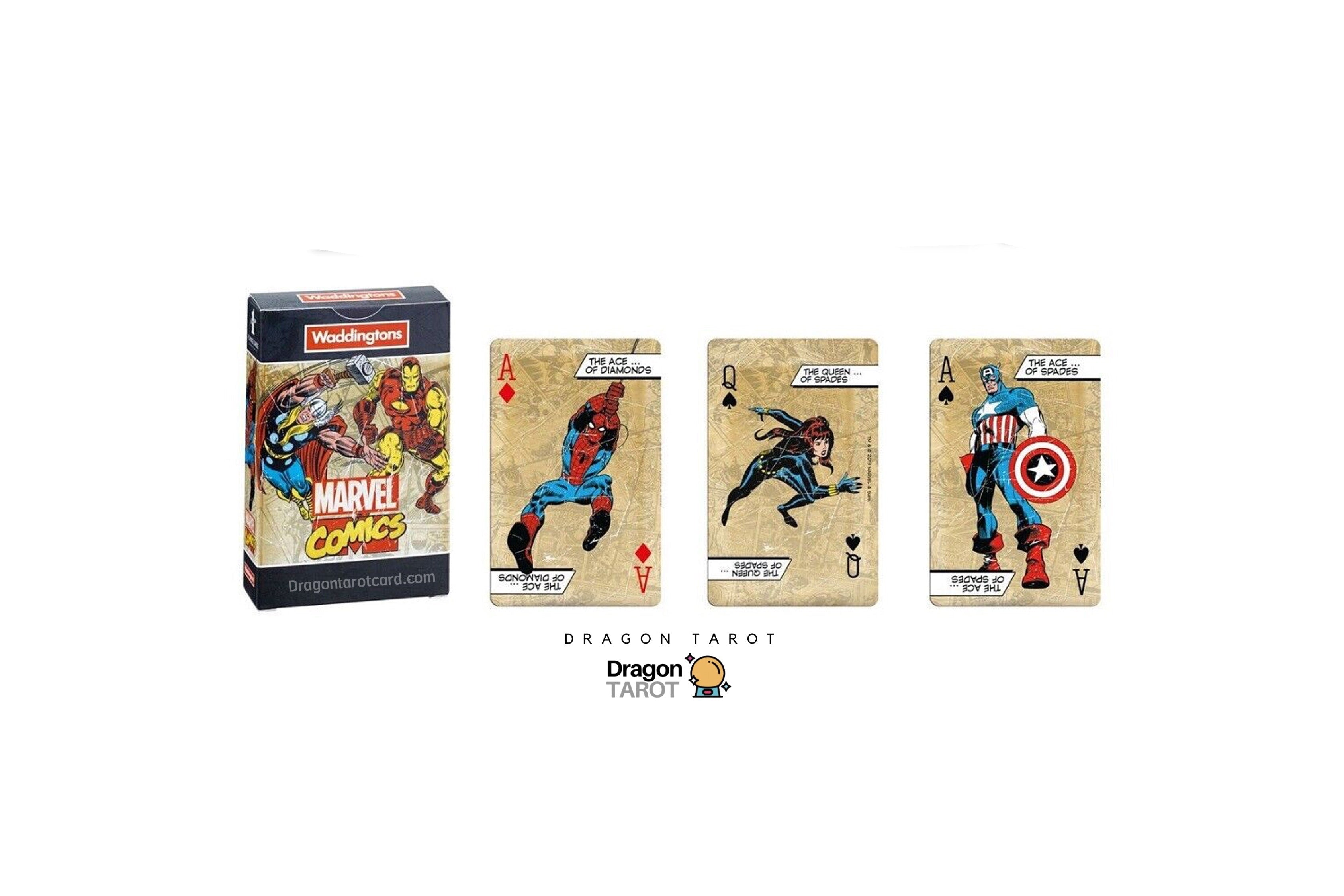 Dragon Tarot Marvel Comics playing cards set with a product box and three sample cards featuring Marvel characters on a white background with social media and brand logos.