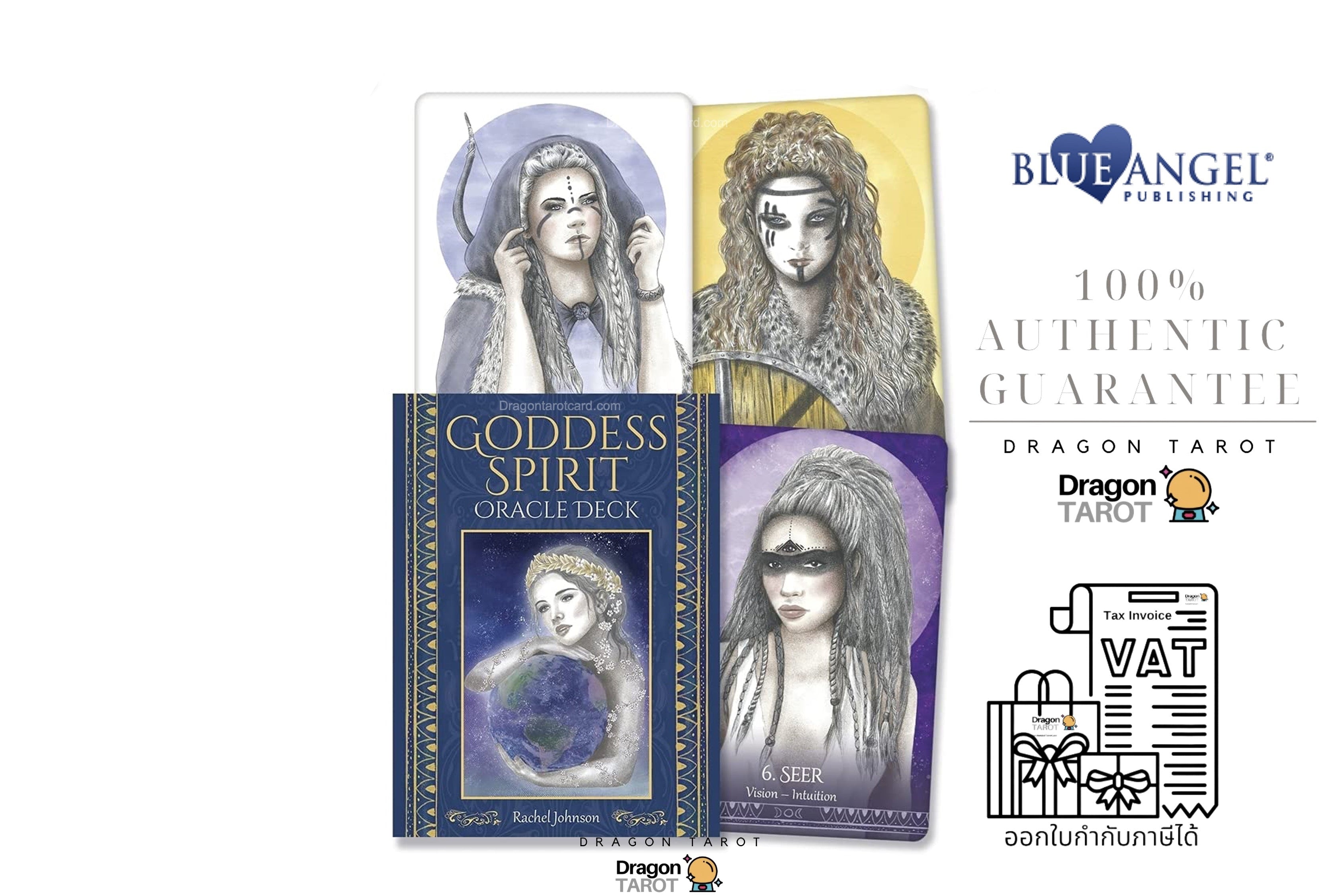 Dragon Tarot Oracle Deck set by Blue Angel Publishing, featuring four illustrated cards and the deck box with 'Goddess Spirit Oracle Deck' on a white background with promotional text and a VAT refund illustration.