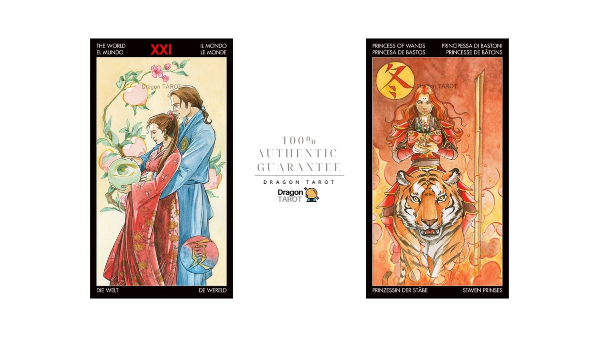 Two Dragon Tarot card illustrations shown side by side on a white background, with centered text reading '100% Authentic Guarante' and 'Dragon Tarot'. The left card shows a couple in flowing robes, and the right card shows a woman riding a tiger with a sword.