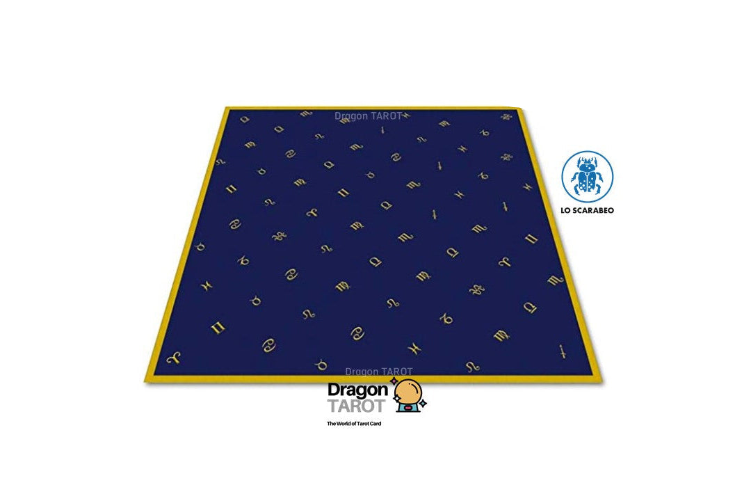 A square tarot card deck box or package shown on a plain white background, with a dark navy interior visible through the open top. The surface is covered with small gold symbols and a gold border.