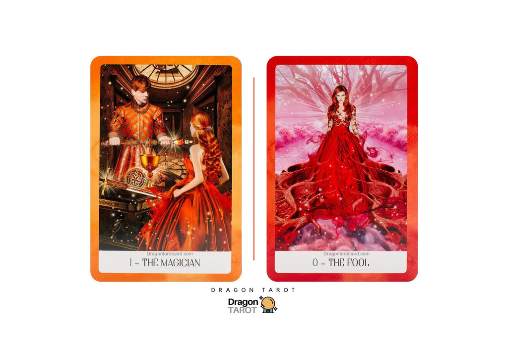 Two tarot cards from the Dragon Tarot deck displayed side by side on a white background. The left card, 'I - The Magician', has an orange border and depicts a figure in an ornate gold and red robe.